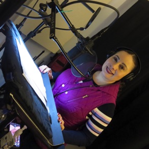 Patty Bayon recording a voice-over at Lan Media Productions